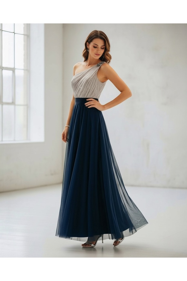 One-Shoulder Elegant Evening Gown Tulle Dress - 3