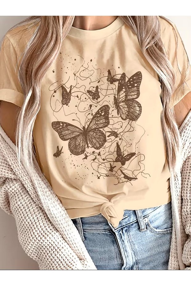 Color Matching Butterfly Printed Women's Beige Cotton T-Shirt
