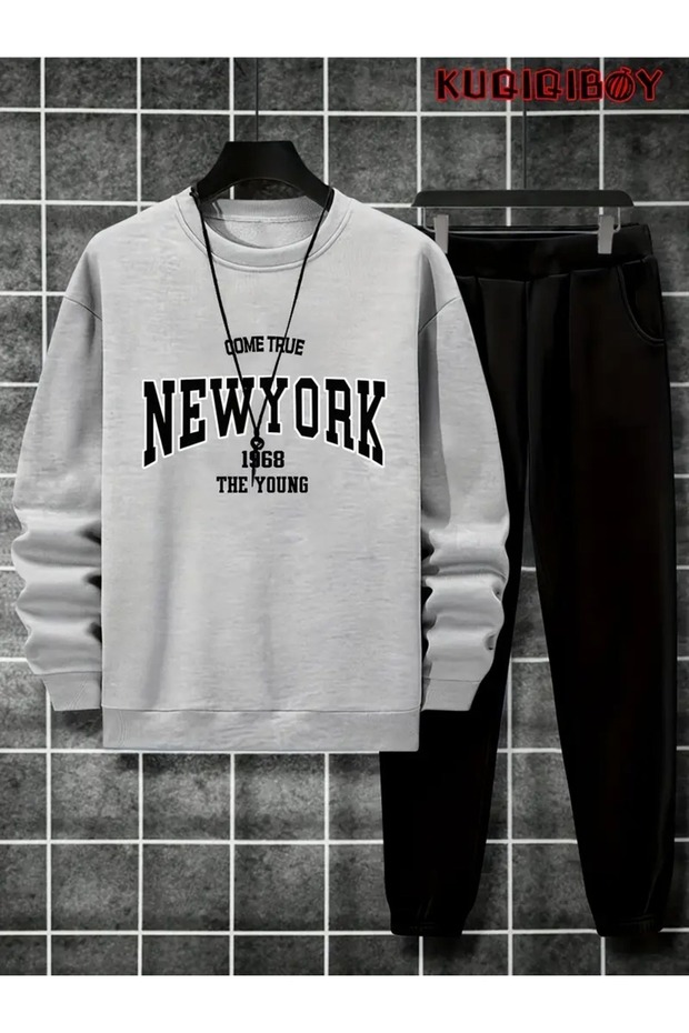 Unisex New York Printed Crew Neck Oversized Bottom-Top Set Jogger Cotton Tracksuit Set - 1