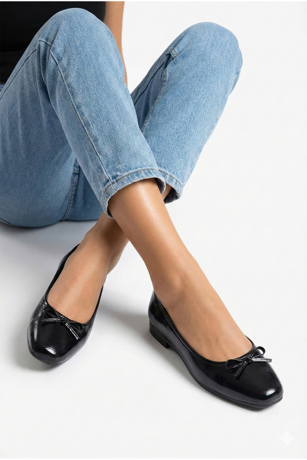 Black Wrinkled Patent Leather Soft Bowknot Stylish Women's Ballet Flats Orthopedic Lightweight Sole Leather Skin - 4