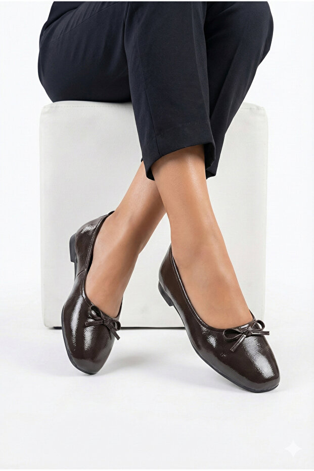 Black Wrinkled Patent Leather Soft Bowknot Stylish Women's Ballet Flats Orthopedic Lightweight Sole Leather Skin - 5