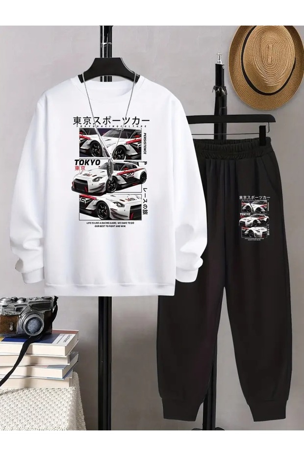 Unisex Tokyo Racing Cars Printed Crew Neck Oversized Bottom-Top Set Jogger Cotton Tracksuit Set - 1