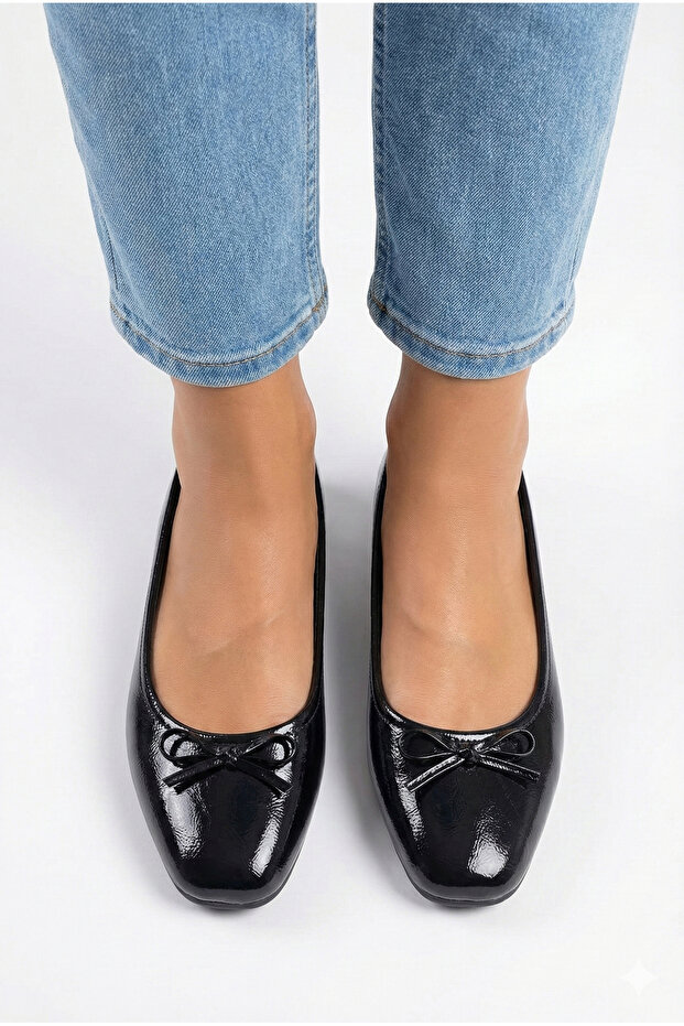 Black Wrinkled Patent Leather Soft Bowknot Stylish Women's Ballet Flats Orthopedic Lightweight Sole Leather Skin - 2