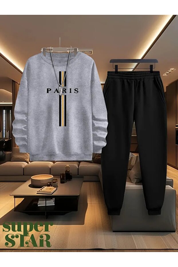 Unisex Paris Printed Crew Neck Oversized Bottom-Top Set Jogger Cotton Tracksuit Set - 1