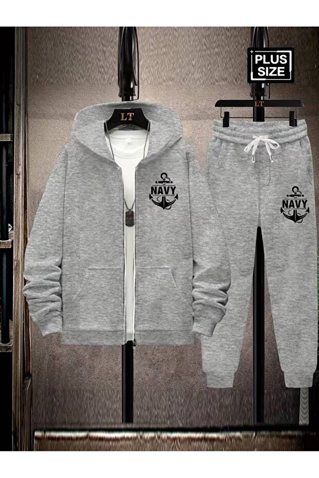 Plus Size Men's 3 Thread K Hooded Zippered Sea Themed B Printed Tracksuit Set - 1