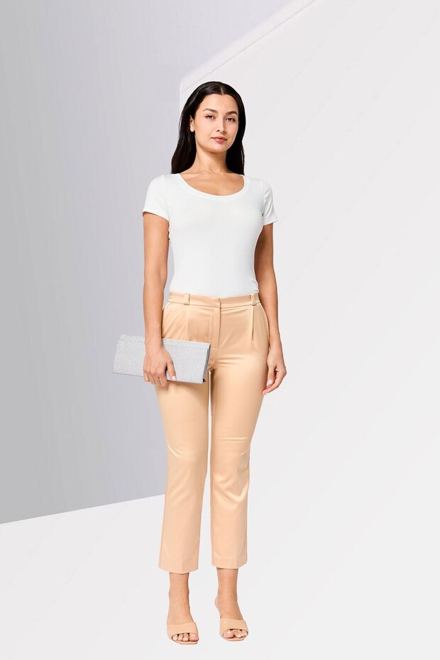 Women Regular Fit Solid Straight Pants, Dark Beige - 4