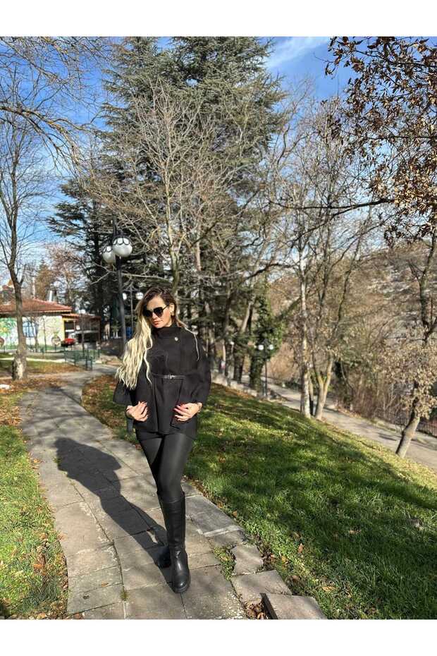 Kadın Kemerli Kaşe Panço - 1
