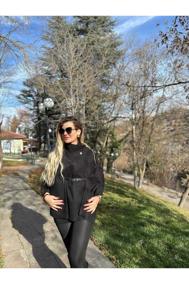 Kadın Kemerli Kaşe Panço - 2