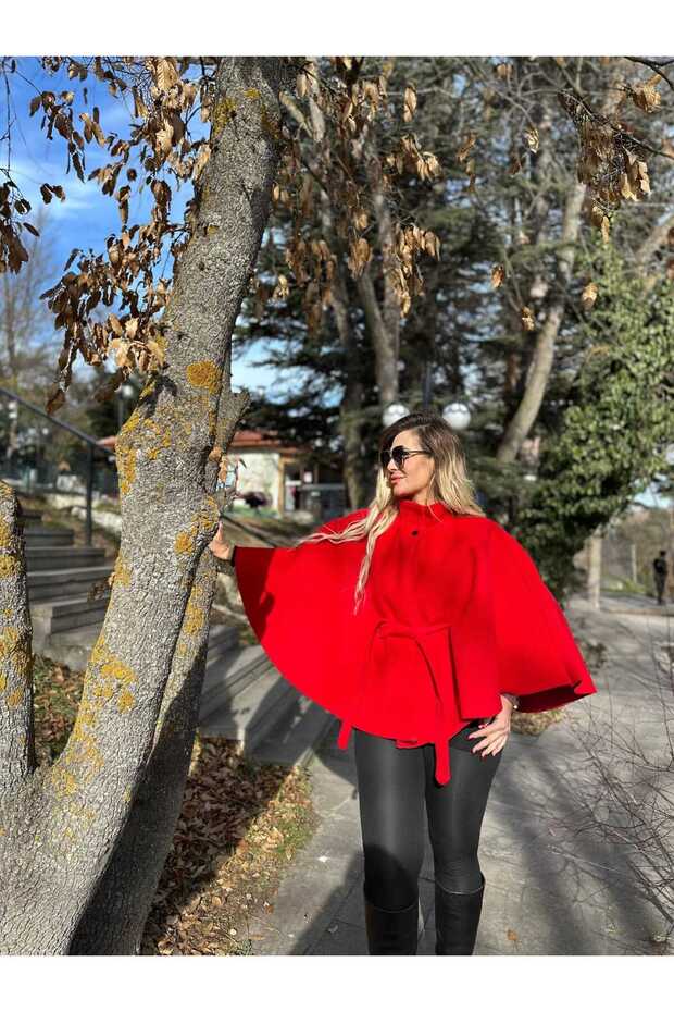 Kadın Kemerli Kaşe Panço - 2