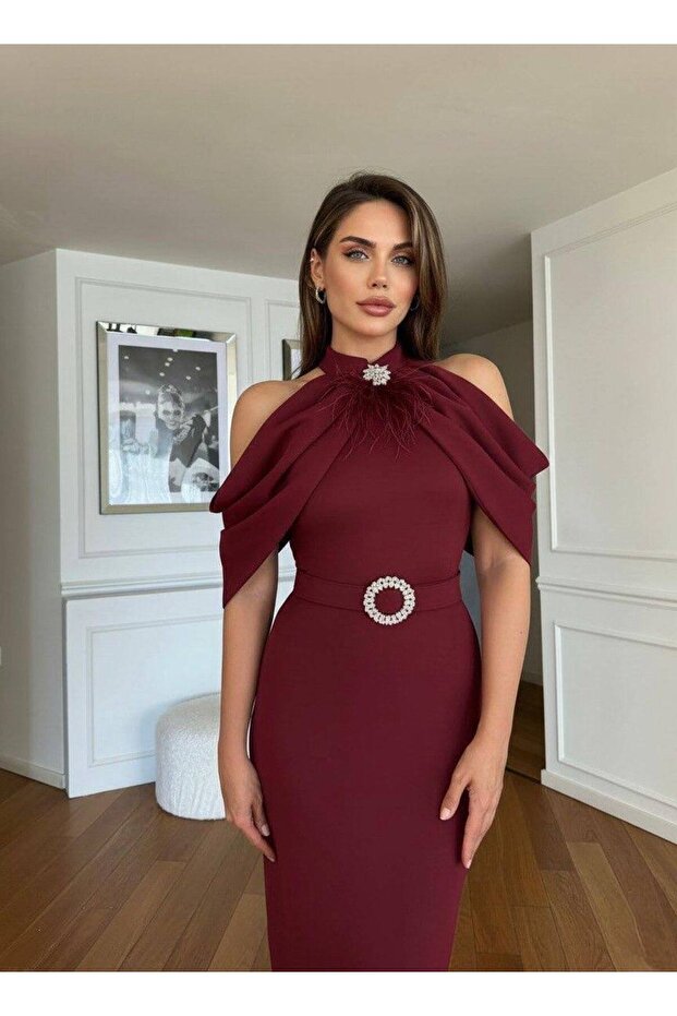Women's Imported Scuba Fabric Belted Tassel Brooch Detail Lined Design Dress