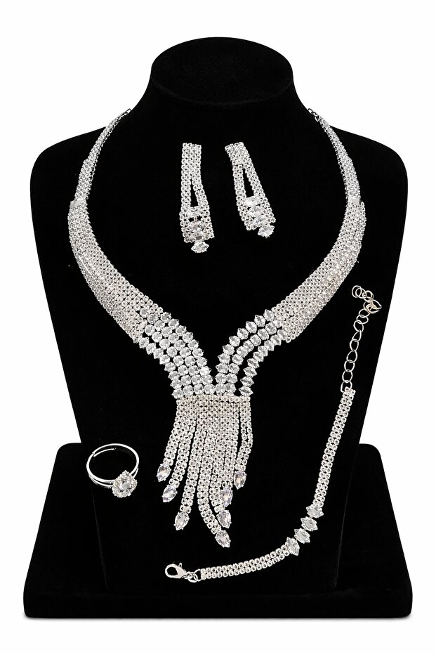 Silver Color Stone Detailed 4-Piece Evening Dress/Wedding Set