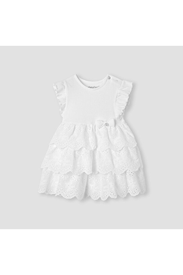 Schiffli Textured Tiered Dress with Bow Accent