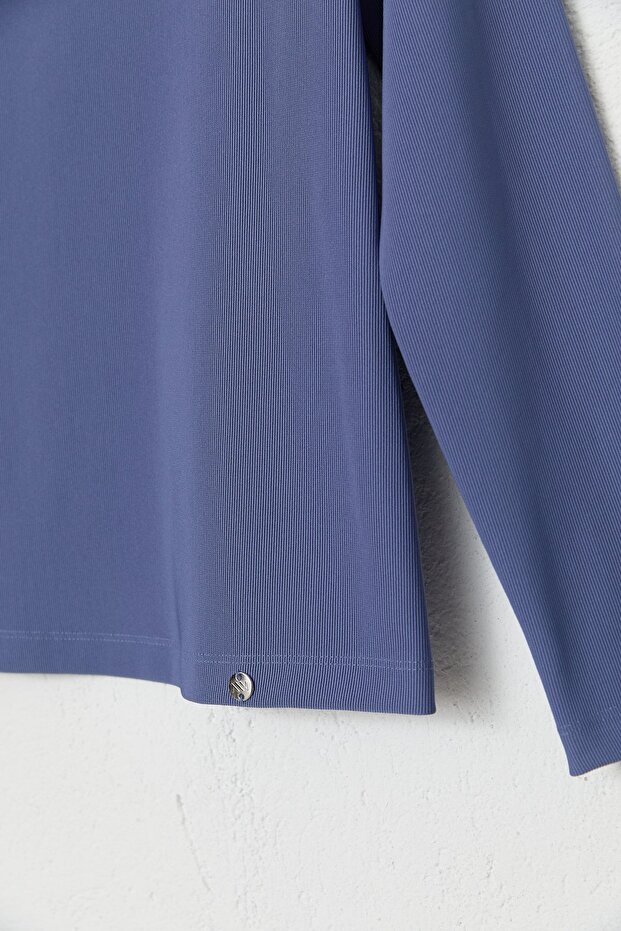 Dik Yaka Basic Örme Bluz İndigo - 2