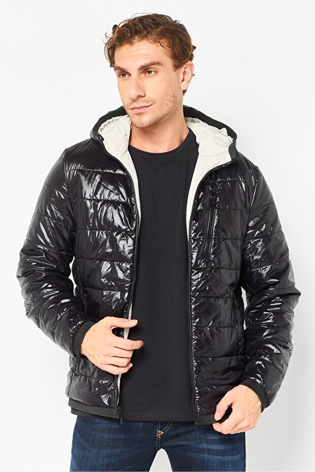 Men Reversible Solid Long Sleeve Puffer Jacket, Black - 2