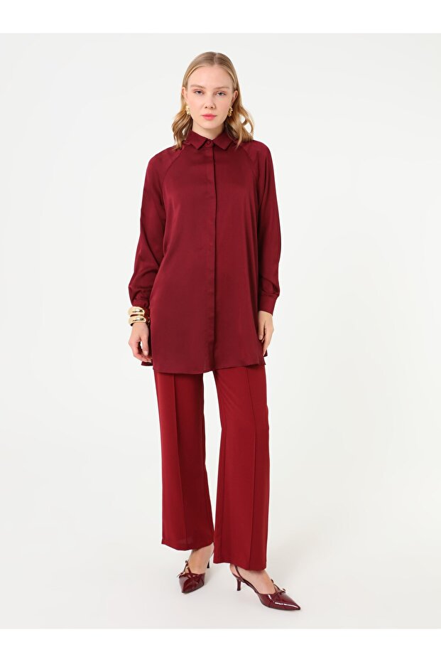 Önü Nervür Detaylı Basic Pantolon - Bordo - - 1