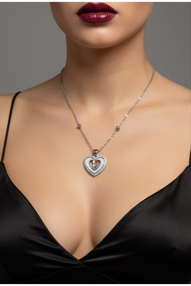 Silver Color Mother Daughter Heart Model White Enamel Steel Necklace