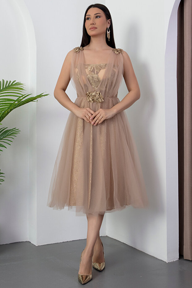 Tül Detaylı Abiye Elbise Y-1039 - 4