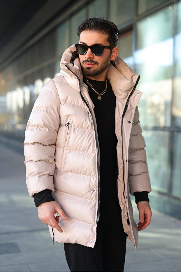 Men's Winter Leather Coat with Hooded Side Zipper Detail