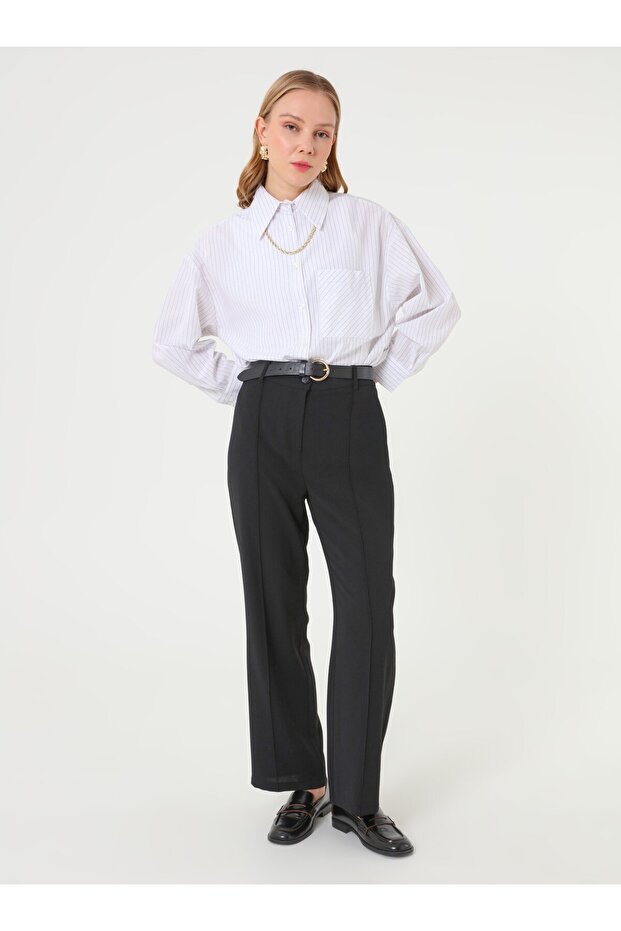 Önü Nervür Detaylı Basic Pantolon - Siyah - - 2