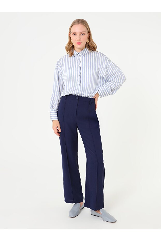 Önü Nervür Detaylı Basic Pantolon - Lacivert - - 1