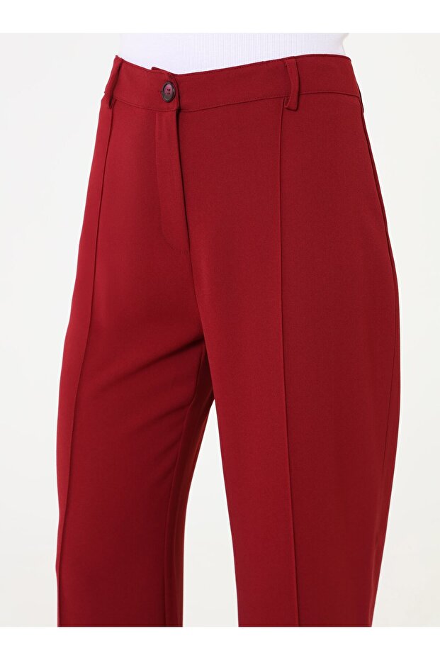 Önü Nervür Detaylı Basic Pantolon - Bordo - - 4