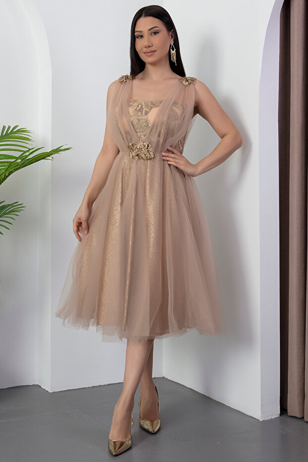 Tül Detaylı Abiye Elbise Y-1039 - 5