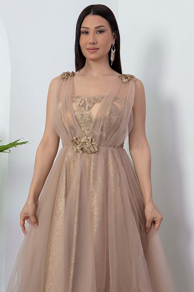 Tül Detaylı Abiye Elbise Y-1039 - 6