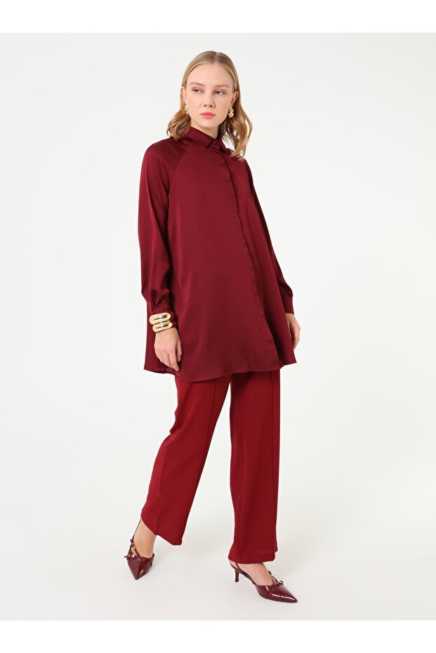 Önü Nervür Detaylı Basic Pantolon - Bordo - - 2