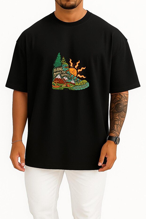 Oversized Hiking Makes Me Happy - Mountaineering Chest Printed Unisex T-Shirt