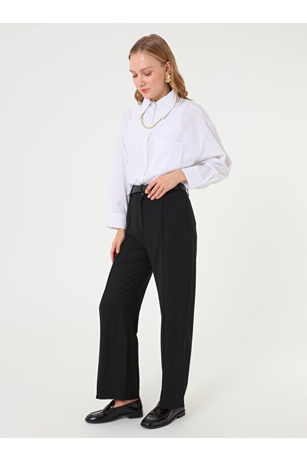 Önü Nervür Detaylı Basic Pantolon - Siyah - - 1