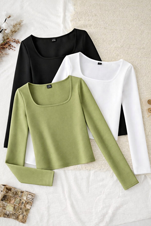 3 قطع من البلوزات ذات الأكمام الطويلة ذات الياقة المربعة من القماش السادة قماش قابل للتمدد - 1