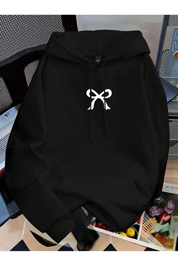 Ribbon Printed Hooded Sweatshirt