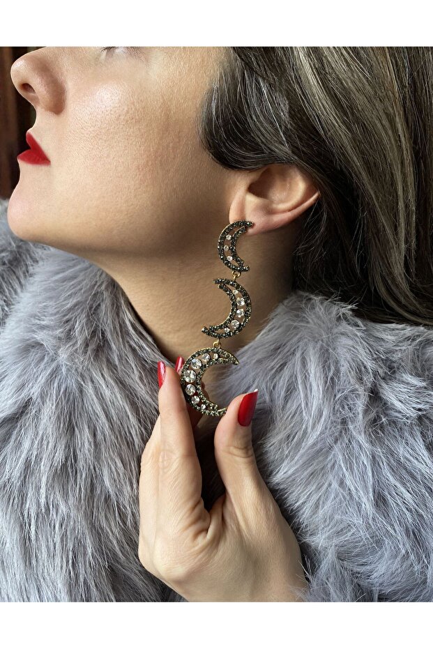 أقراط على شكل قمر مكونة من 3 قطع مرصعة بالأحجار - 2