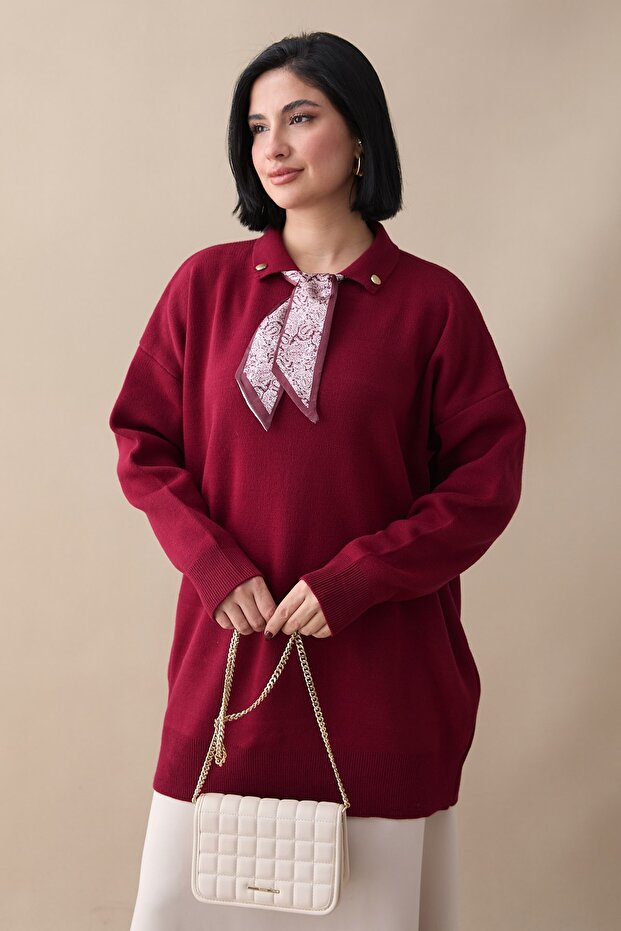 Fularlı Triko Bordo Tunik - 3
