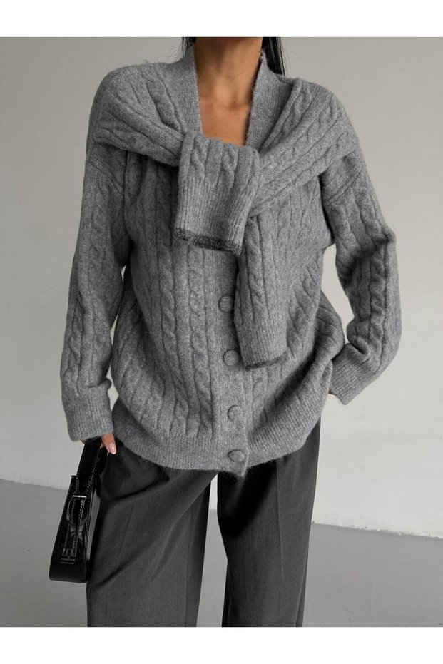 Women's Soft Textured Hair Braid Detailed Buttoned Extra Sleeve Detail Loose Fit Cardigan - 2561
