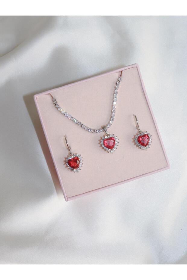 Royal Heart Choker Necklace and Earring Set - Silver Color