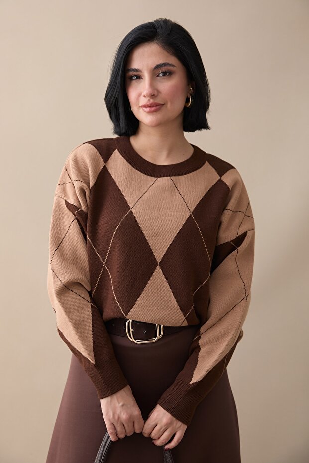 Baklava Pattern Knitwear Brown Tunic