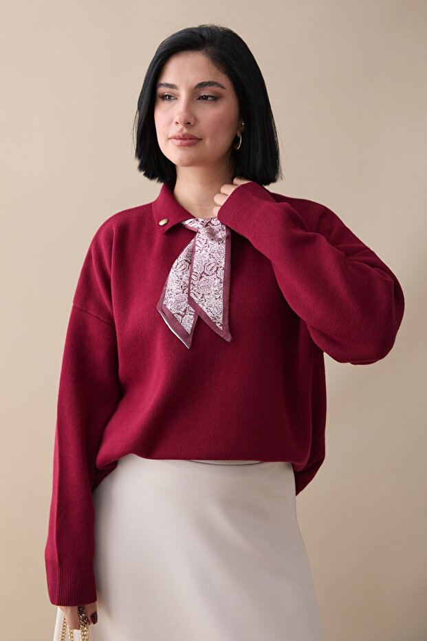 Fularlı Triko Bordo Tunik - 4