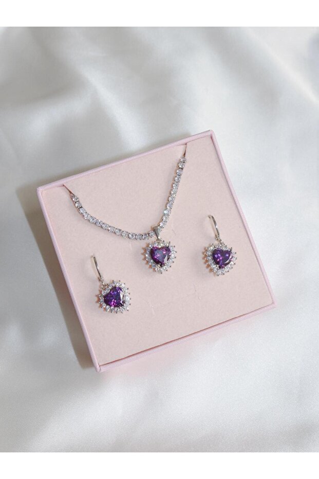 Royal Heart Choker Necklace and Earring Set - Silver Color