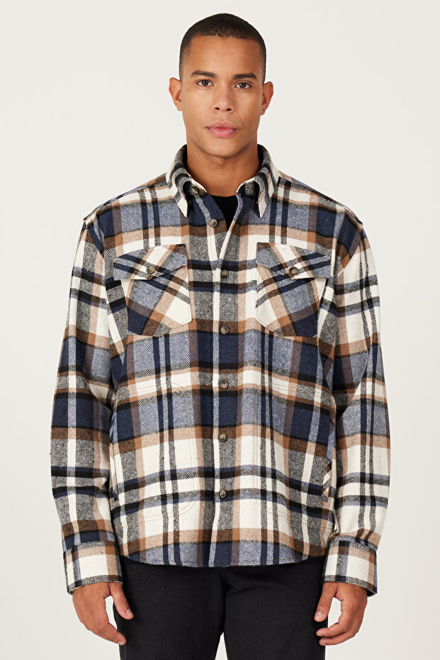 Brown-Navy Blue Oversized Fit Wide Cut Hidden Button Collar Checkered Shirt Jacket