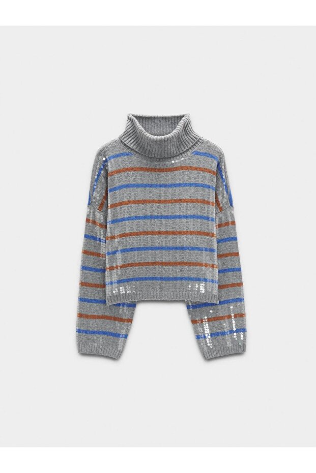 Çizgili ve Payetli Örme Kazak - 5