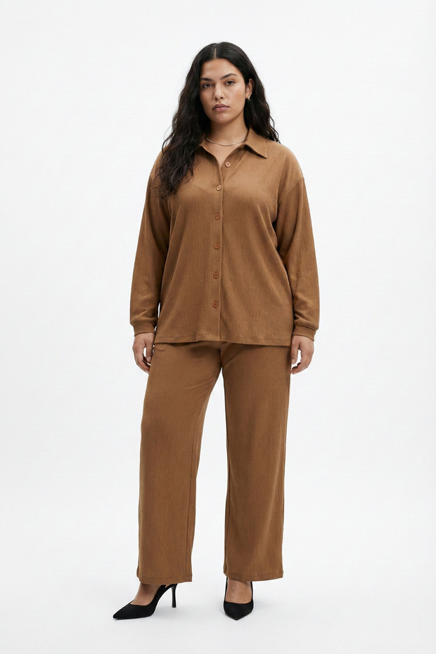 Crinkle Fabric Shirt Collar Buttoned Top and Bottom Set Suitable for Modest Wear 2XL 6XL