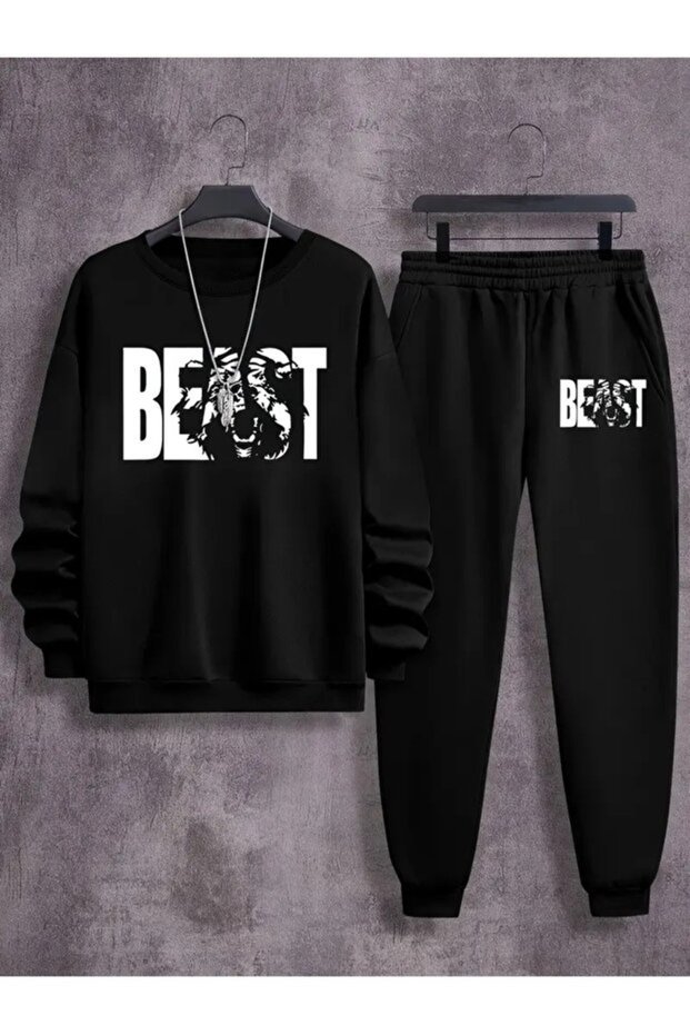 Unisex Beast Printed Crew Neck Sweatshirt and Jogger Sweatpants - Bottom Top Set