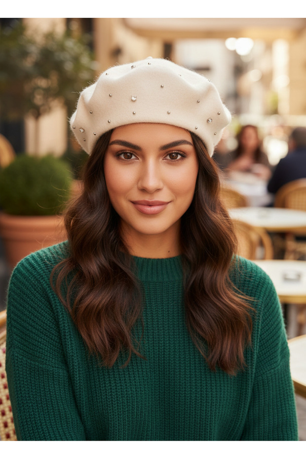 Women's White Stone Detailed Beret | Stylish Winter Accessory