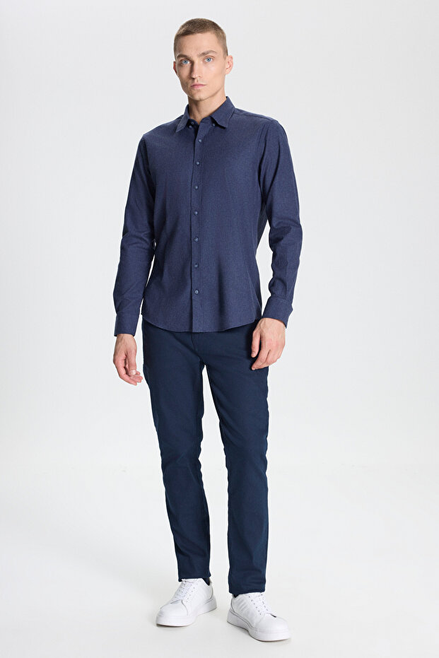 Navy Blue Cotton Flannel Oxford Slim Fit Slim Fit Concealed Button Collar Shirt