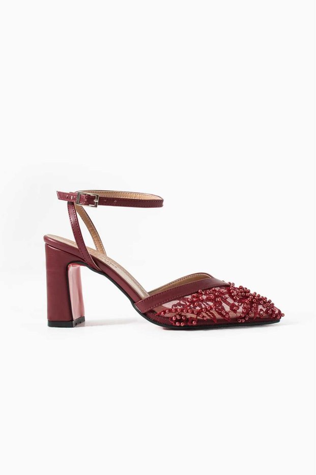 Stiletto New Season Mesh Beaded Knitted Burgundy Skin Heel Height 9 cm Thick Heel