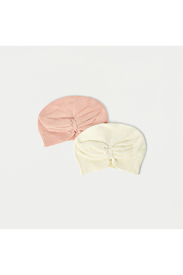 Textured Bow Detail Beanie Cap - Set of 2