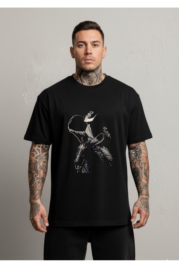 Horse and Cowboy Front Printed Oversized Unisex Cotton Tshirt - T-Shirt