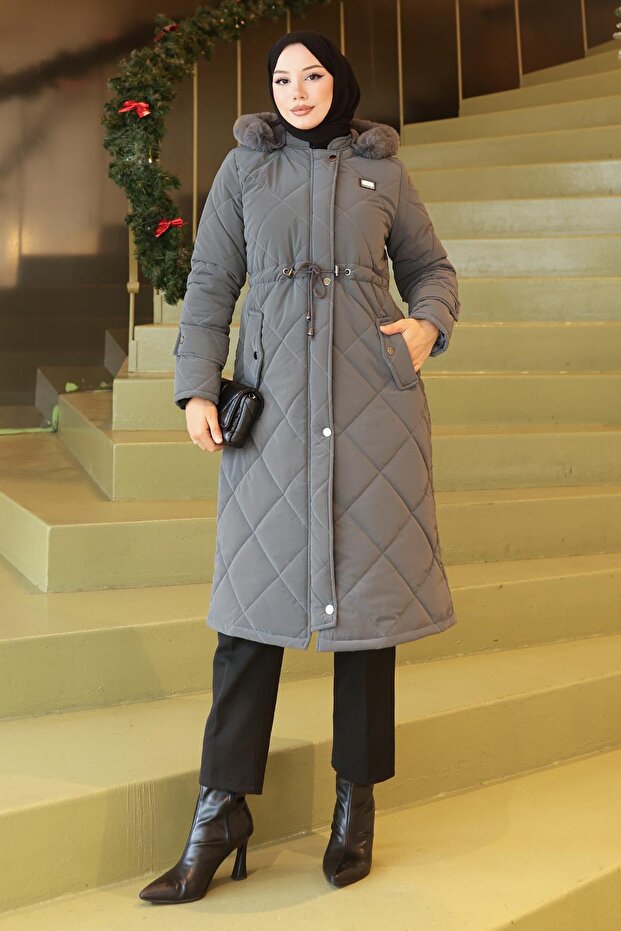 Zippered Waist Lace-Up Quilted Coat Gray 19283