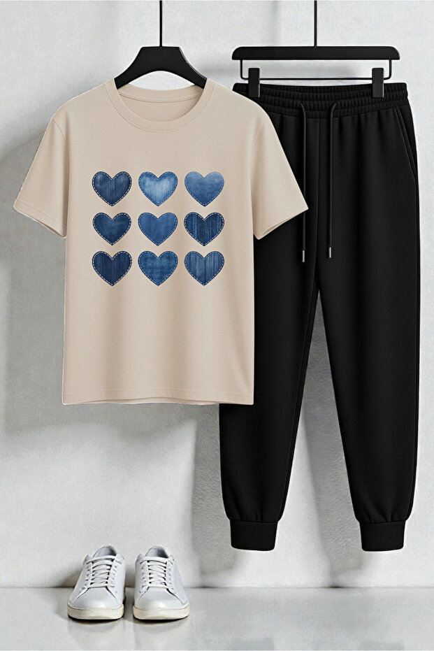 Unisex Jean Patterned Heart Design Printed T-Shirt - 2-Piece Tracksuit Set